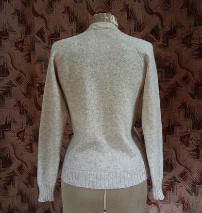 Original Vintage 1950s Knitted Cardigan Sweater Oatmeal Beige Shetland Wool UK S/M