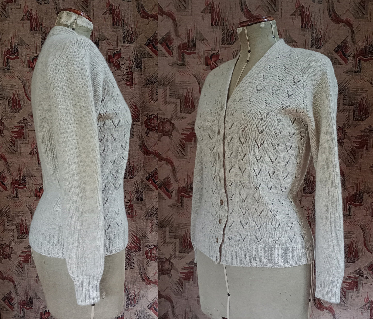 Original Vintage 1950s Knitted Cardigan Sweater Oatmeal Beige Shetland Wool UK S/M