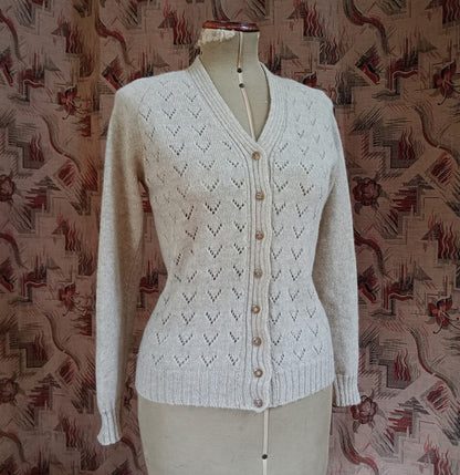 Original Vintage 1950s Knitted Cardigan Sweater Oatmeal Beige Shetland Wool UK S/M