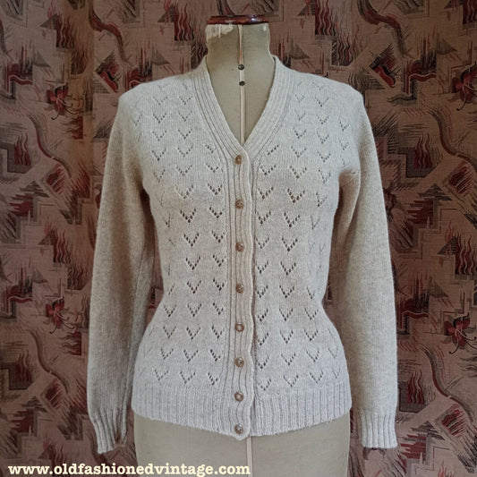 Original Vintage 1950s Knitted Cardigan Sweater Oatmeal Beige Shetland Wool UK S/M