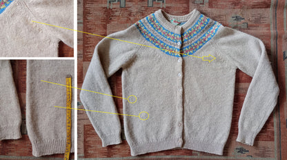 Original Vintage 1950s Knitted Cardigan Sweater Oatmeal Fair Isle Yoke UK S/M