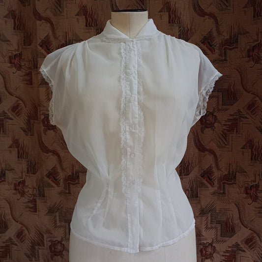 Original Vintage 1950s Sheer White Blouse Top Shirt Short Sleeves Lace Trim UK M