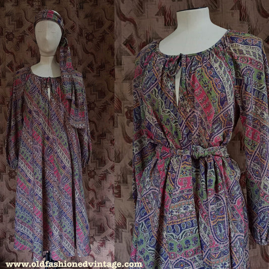 Vintage 1970s Liberty Hildebrand Dress & Headscarf Sash Paisley Wool UK S/M