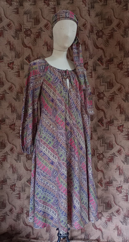 Vintage 1970s Liberty Hildebrand Dress & Headscarf Sash Paisley Wool UK S/M