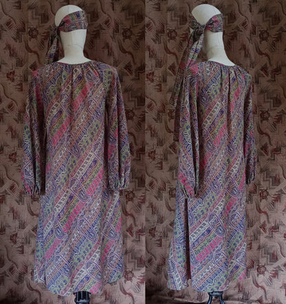 Vintage 1970s Liberty Hildebrand Dress & Headscarf Sash Paisley Wool UK S/M