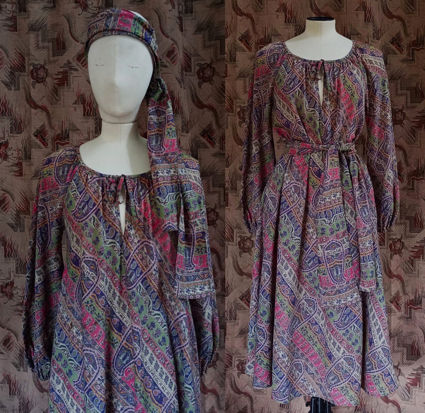 Vintage 1970s Liberty Hildebrand Dress & Headscarf Sash Paisley Wool UK S/M