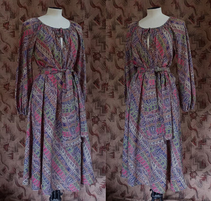 Vintage 1970s Liberty Hildebrand Dress & Headscarf Sash Paisley Wool UK S/M