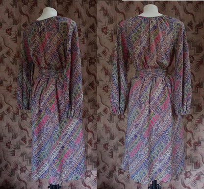 Vintage 1970s Liberty Hildebrand Dress & Headscarf Sash Paisley Wool UK S/M