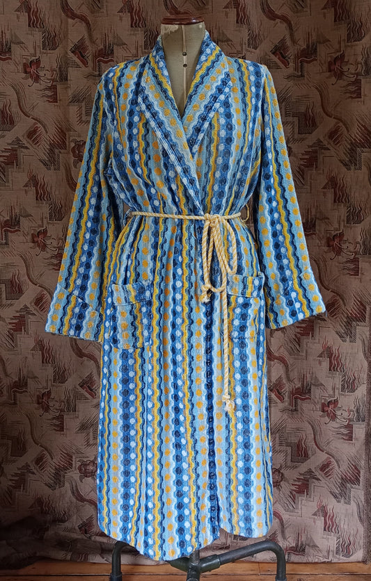 RARE Vintage 1930s Towelling Dressing Gown Blue Yellow Patterned Spots UK M/L