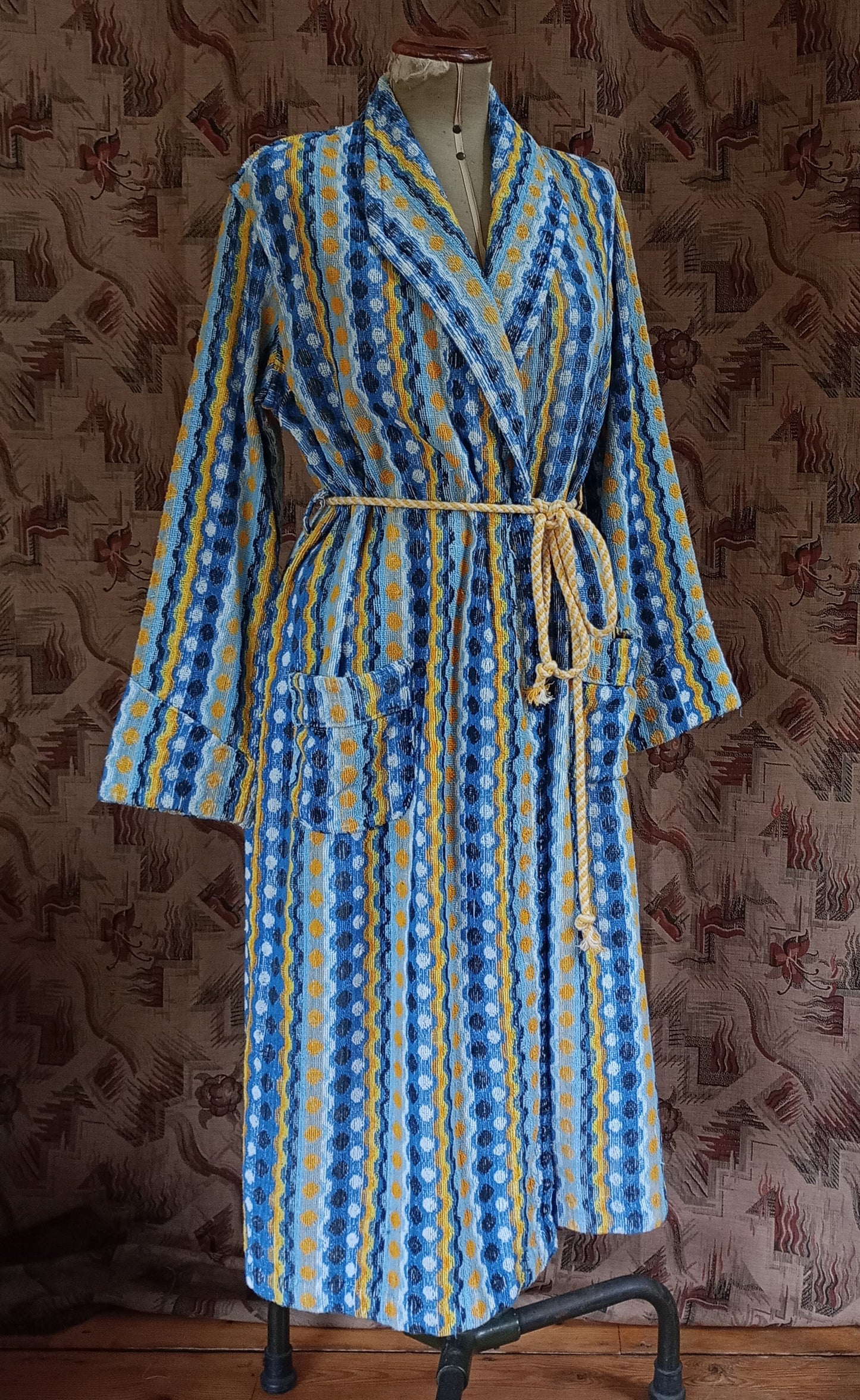 RARE Vintage 1930s Towelling Dressing Gown Blue Yellow Patterned Spots UK M/L