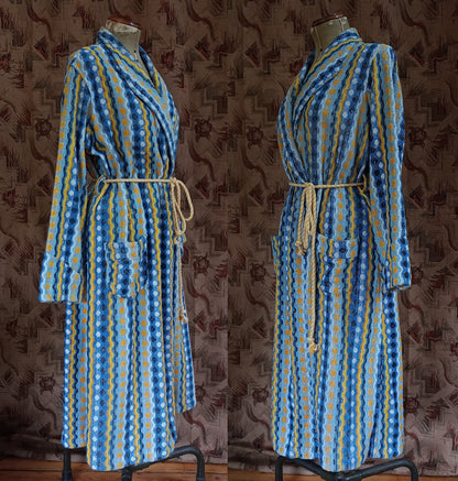 RARE Vintage 1930s Towelling Dressing Gown Blue Yellow Patterned Spots UK M/L