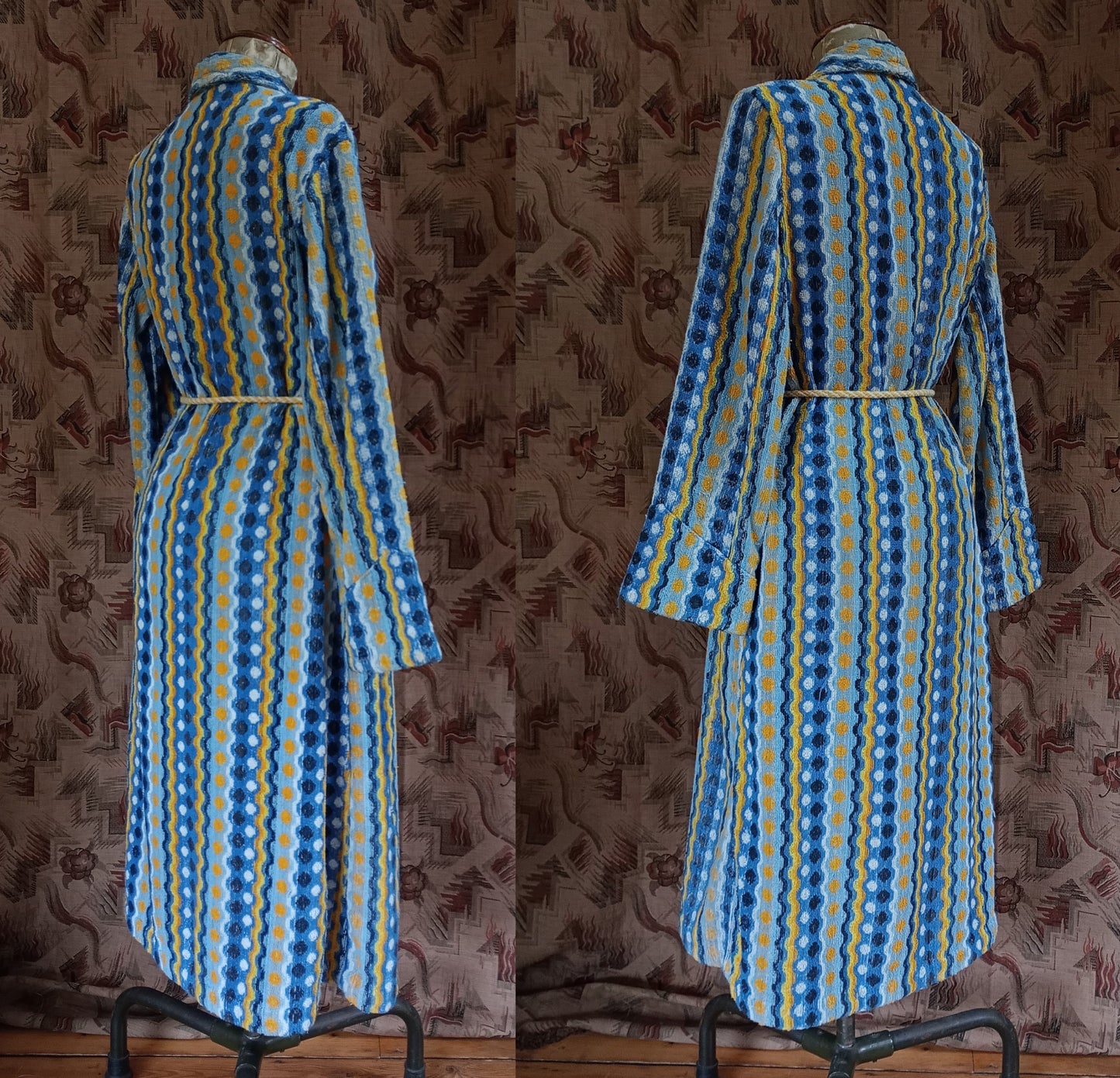 RARE Vintage 1930s Towelling Dressing Gown Blue Yellow Patterned Spots UK M/L