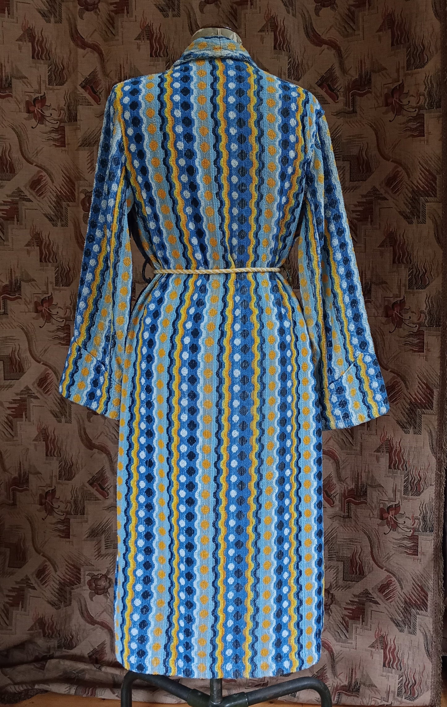 RARE Vintage 1930s Towelling Dressing Gown Blue Yellow Patterned Spots UK M/L