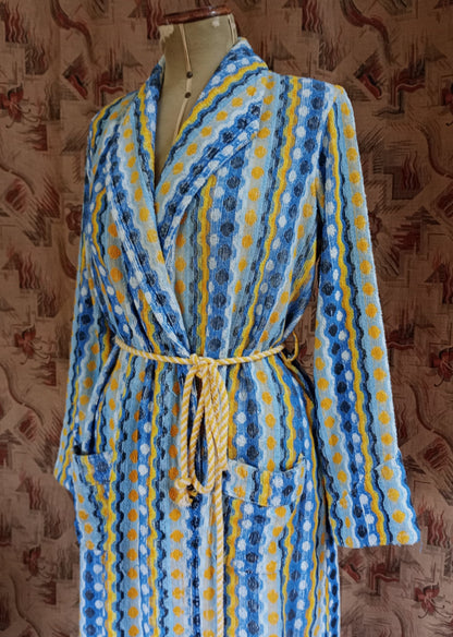 RARE Vintage 1930s Towelling Dressing Gown Blue Yellow Patterned Spots UK M/L