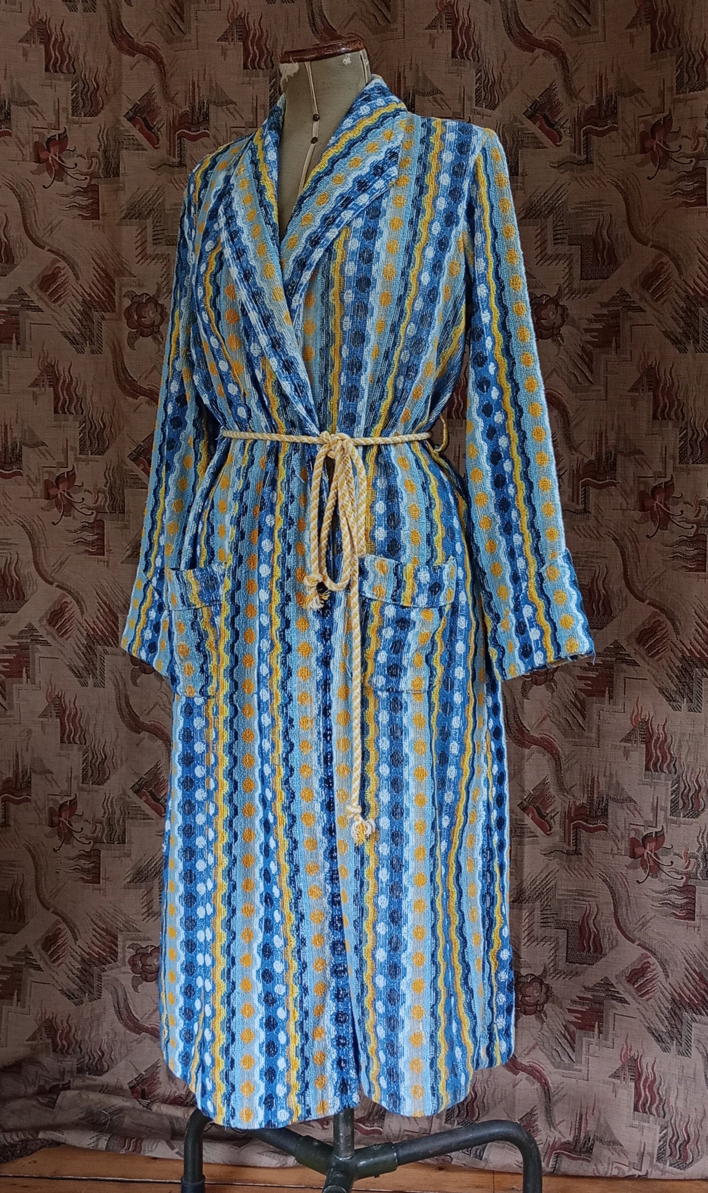 RARE Vintage 1930s Towelling Dressing Gown Blue Yellow Patterned Spots UK M/L