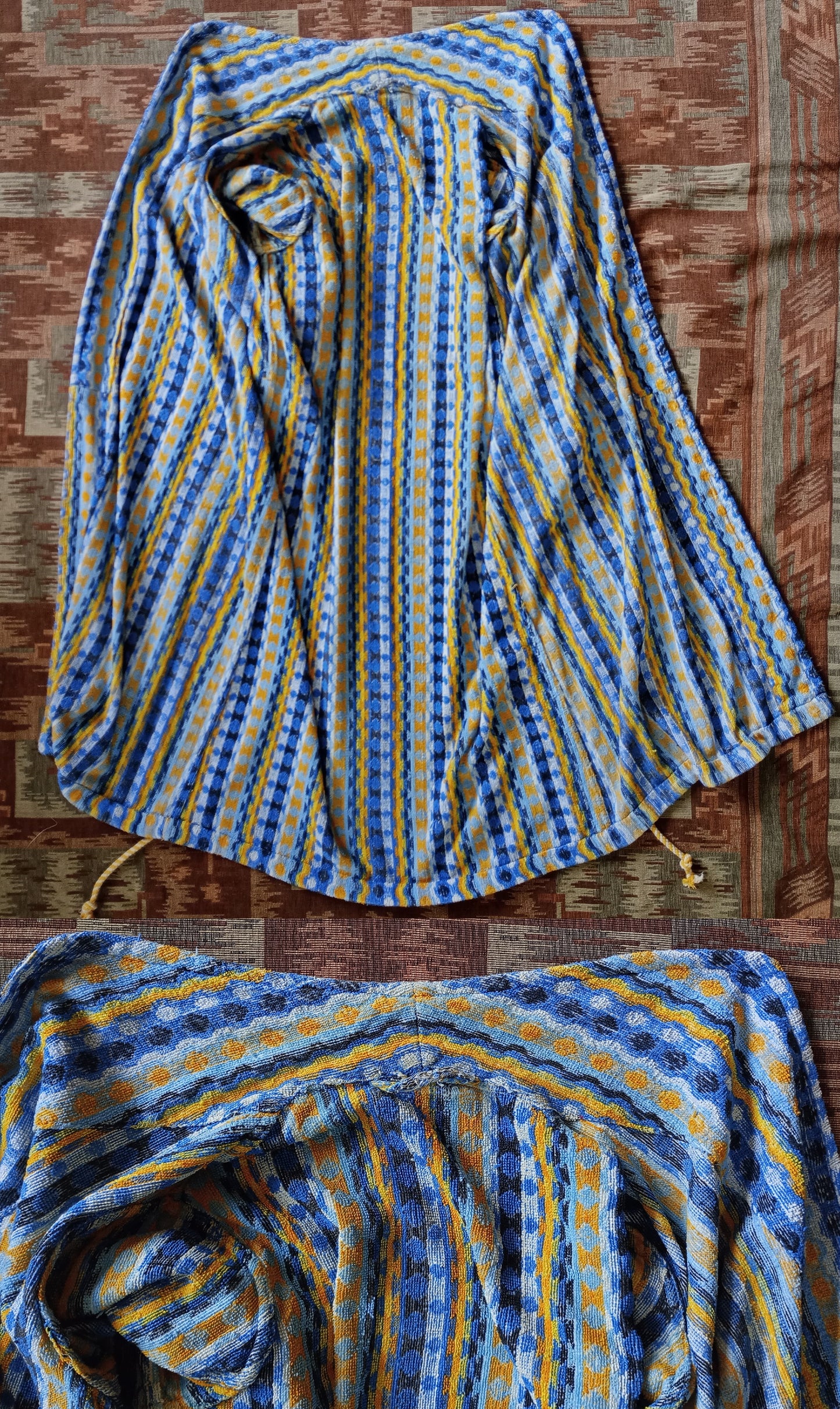 RARE Vintage 1930s Towelling Dressing Gown Blue Yellow Patterned Spots UK M/L