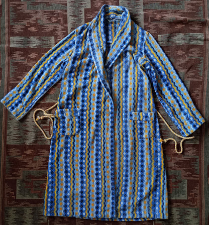 RARE Vintage 1930s Towelling Dressing Gown Blue Yellow Patterned Spots UK M/L