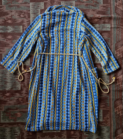 RARE Vintage 1930s Towelling Dressing Gown Blue Yellow Patterned Spots UK M/L