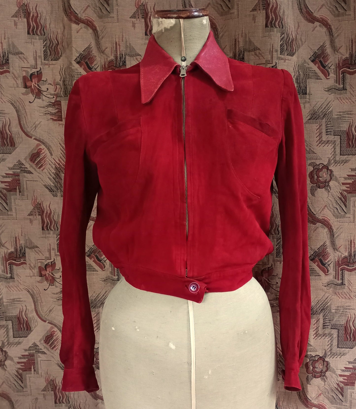 Rare Vintage 1940s Red Suede Leather Blouson Cycling Bomber Zip UK XS/S