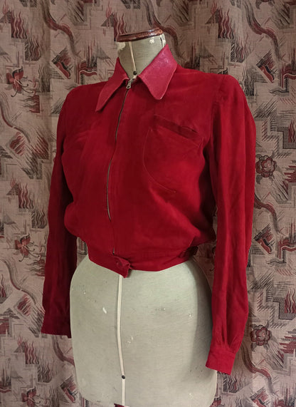 Rare Vintage 1940s Red Suede Leather Blouson Cycling Bomber Zip UK XS/S