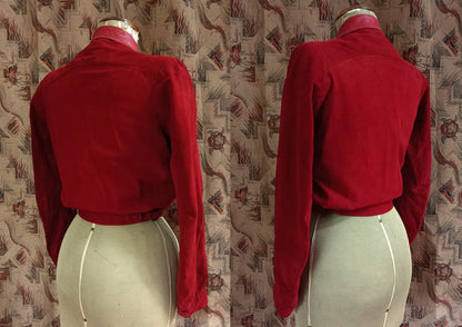 Rare Vintage 1940s Red Suede Leather Blouson Cycling Bomber Zip UK XS/S