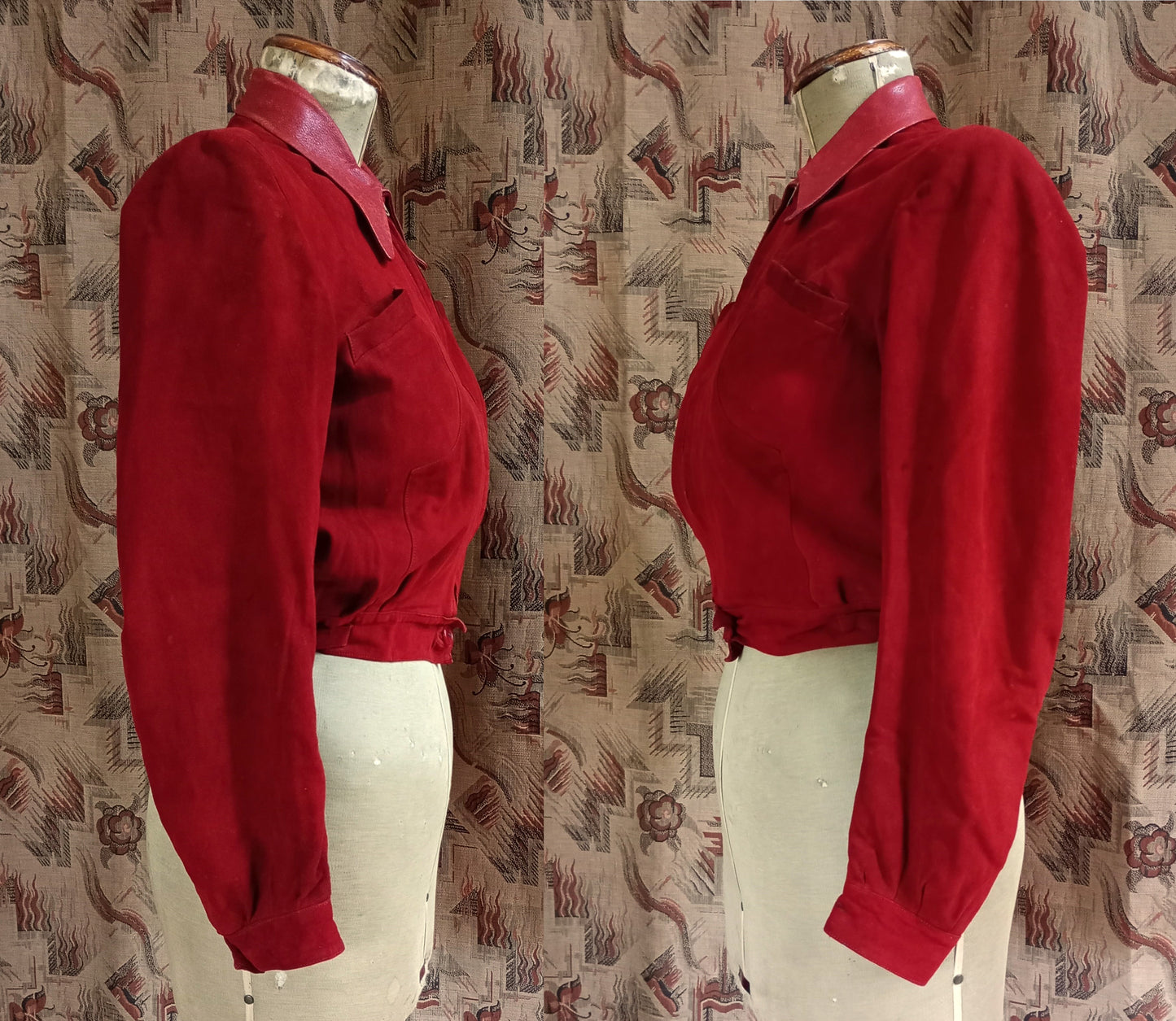 Rare Vintage 1940s Red Suede Leather Blouson Cycling Bomber Zip UK XS/S