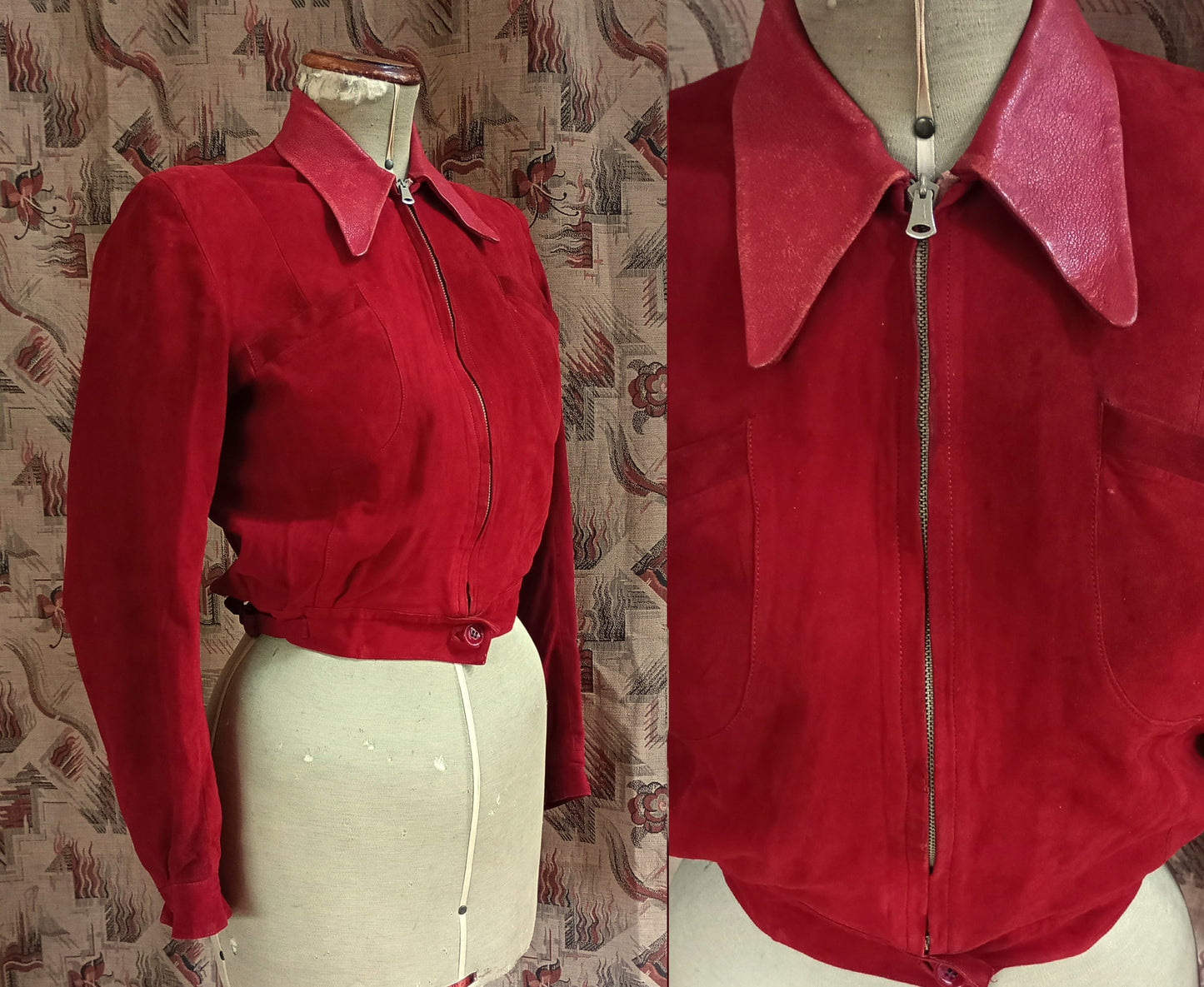 Rare Vintage 1940s Red Suede Leather Blouson Cycling Bomber Zip UK XS/S