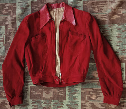 Rare Vintage 1940s Red Suede Leather Blouson Cycling Bomber Zip UK XS/S