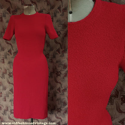 Vintage 1960s Saks Fifth Avenue Red Wool Knitted Dress Boucle Knit UK S/M