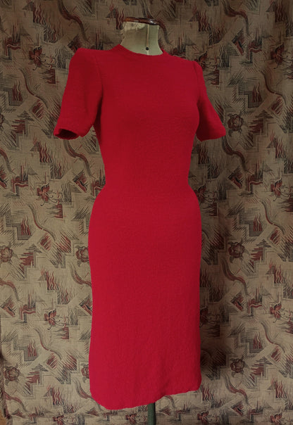 Vintage 1960s Saks Fifth Avenue Red Wool Knitted Dress Boucle Knit UK S/M