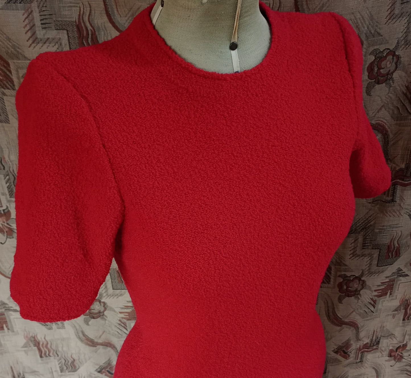 Vintage 1960s Saks Fifth Avenue Red Wool Knitted Dress Boucle Knit UK S/M