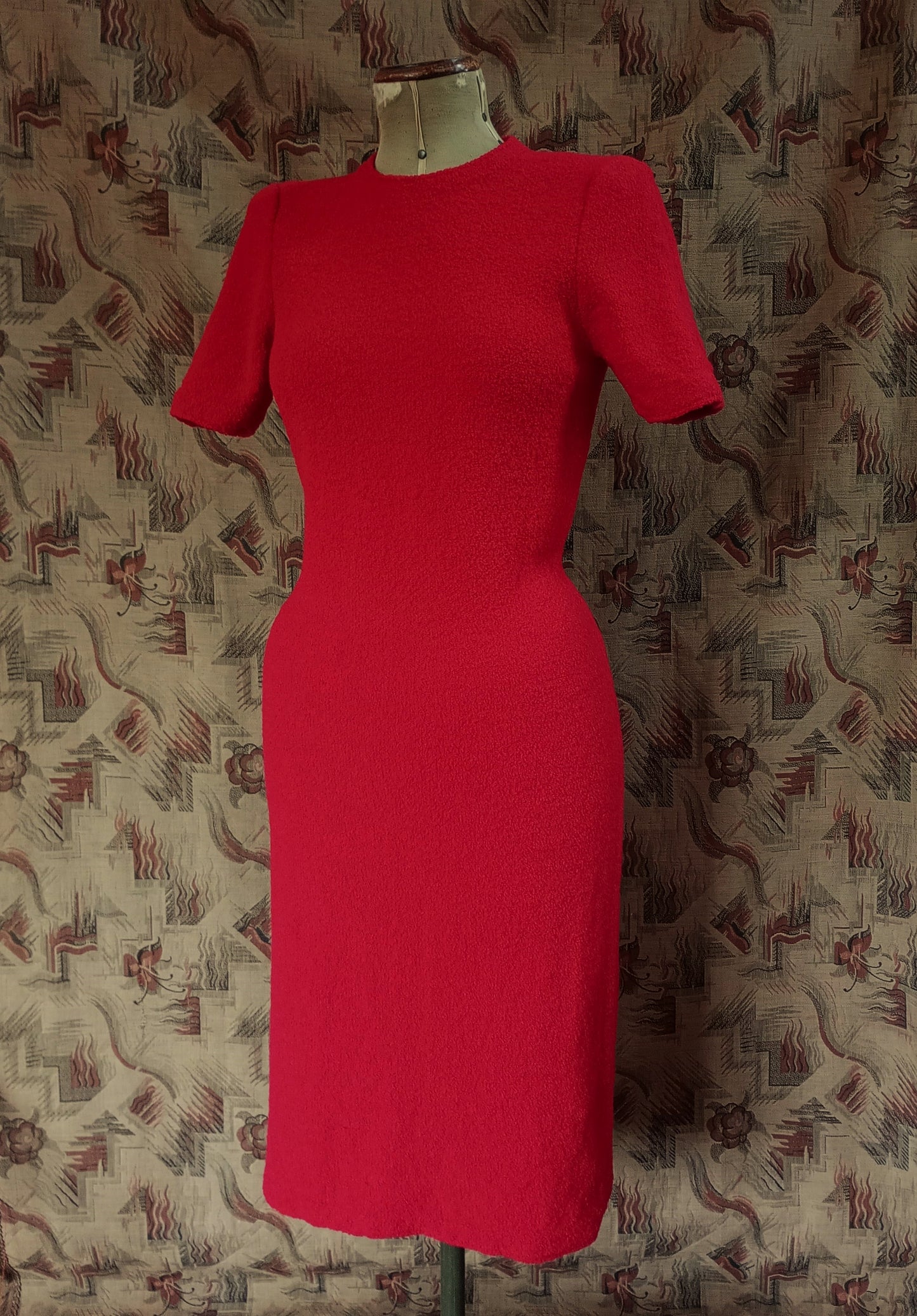 Vintage 1960s Saks Fifth Avenue Red Wool Knitted Dress Boucle Knit UK S/M