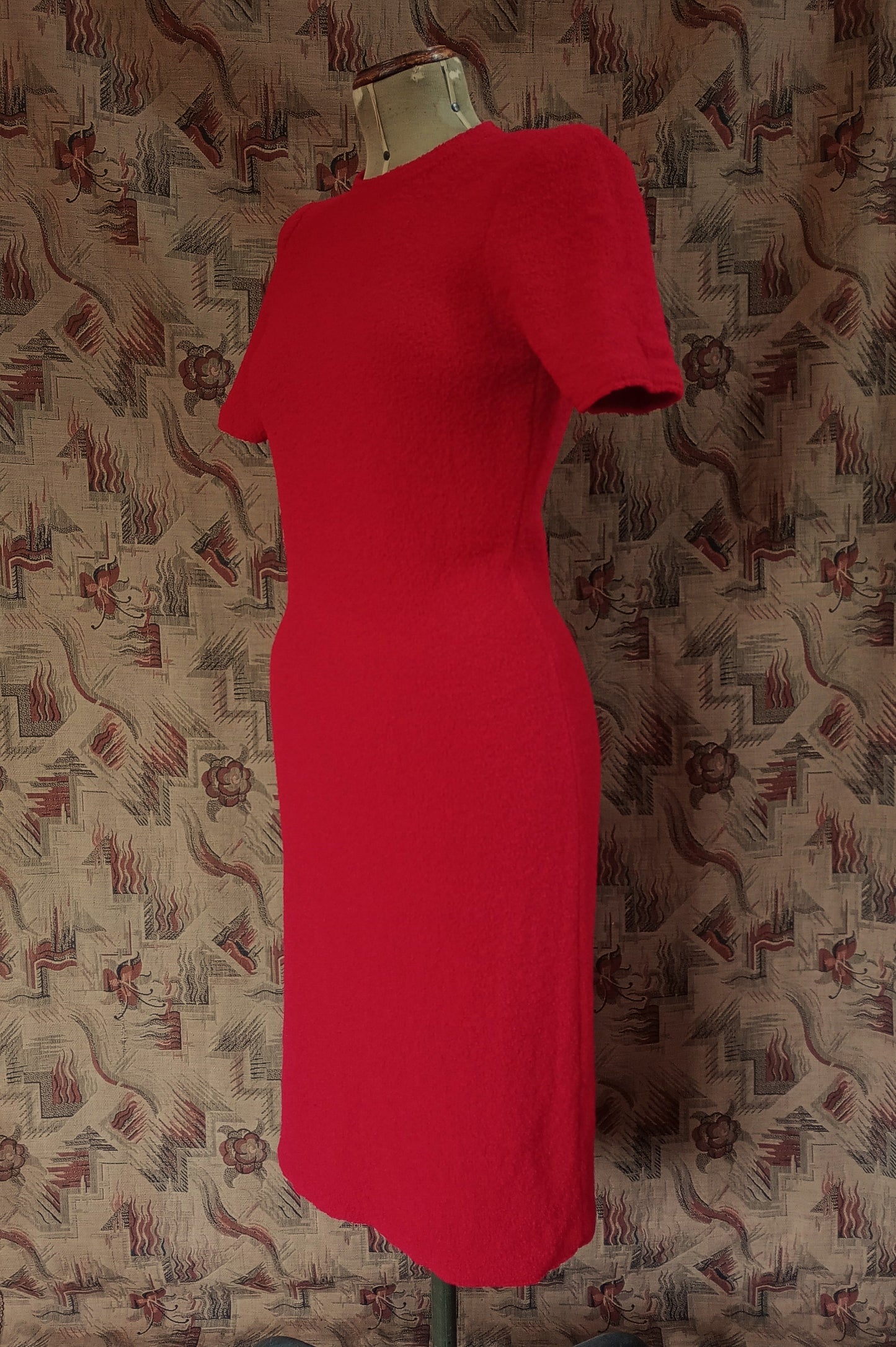 Vintage 1960s Saks Fifth Avenue Red Wool Knitted Dress Boucle Knit UK S/M