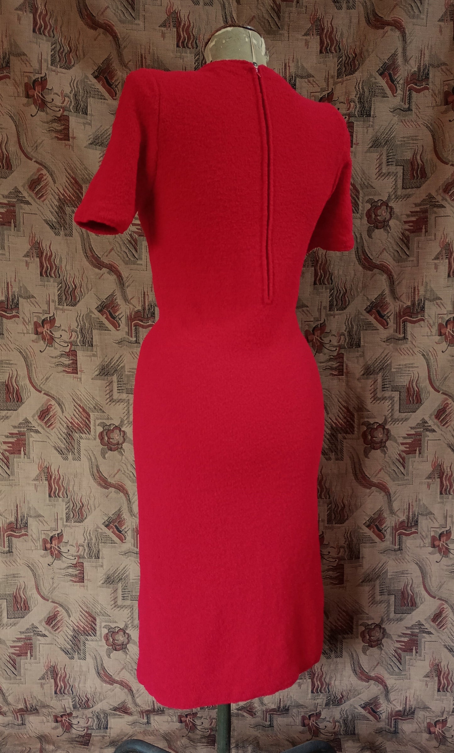 Vintage 1960s Saks Fifth Avenue Red Wool Knitted Dress Boucle Knit UK S/M