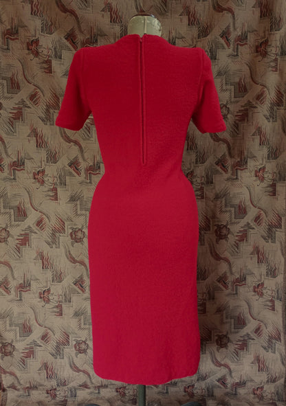 Vintage 1960s Saks Fifth Avenue Red Wool Knitted Dress Boucle Knit UK S/M