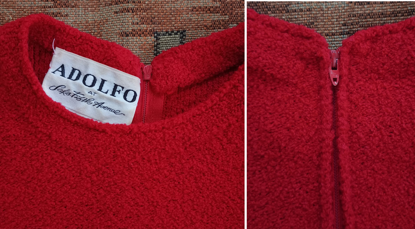 Vintage 1960s Saks Fifth Avenue Red Wool Knitted Dress Boucle Knit UK S/M