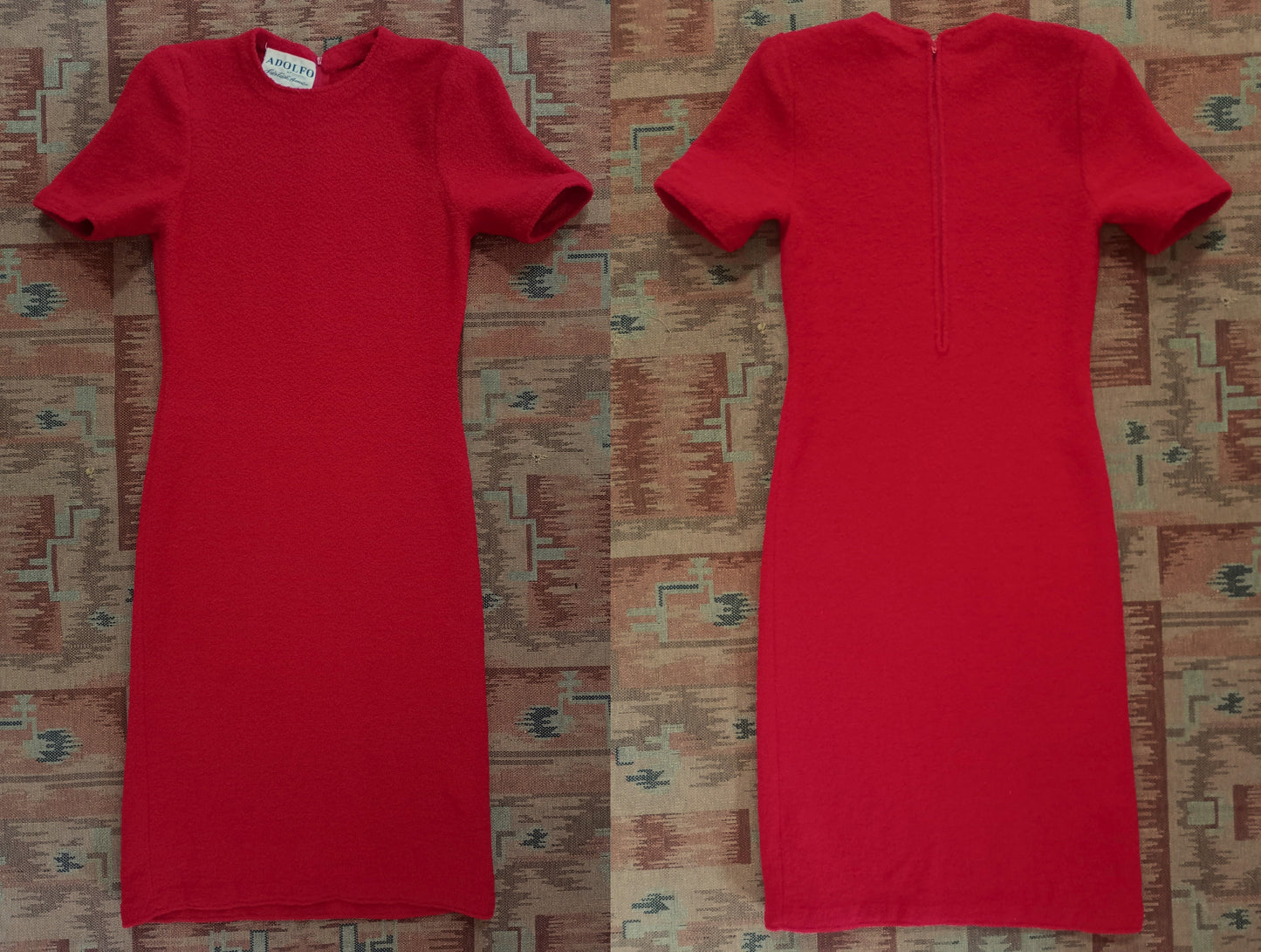 Vintage 1960s Saks Fifth Avenue Red Wool Knitted Dress Boucle Knit UK S/M