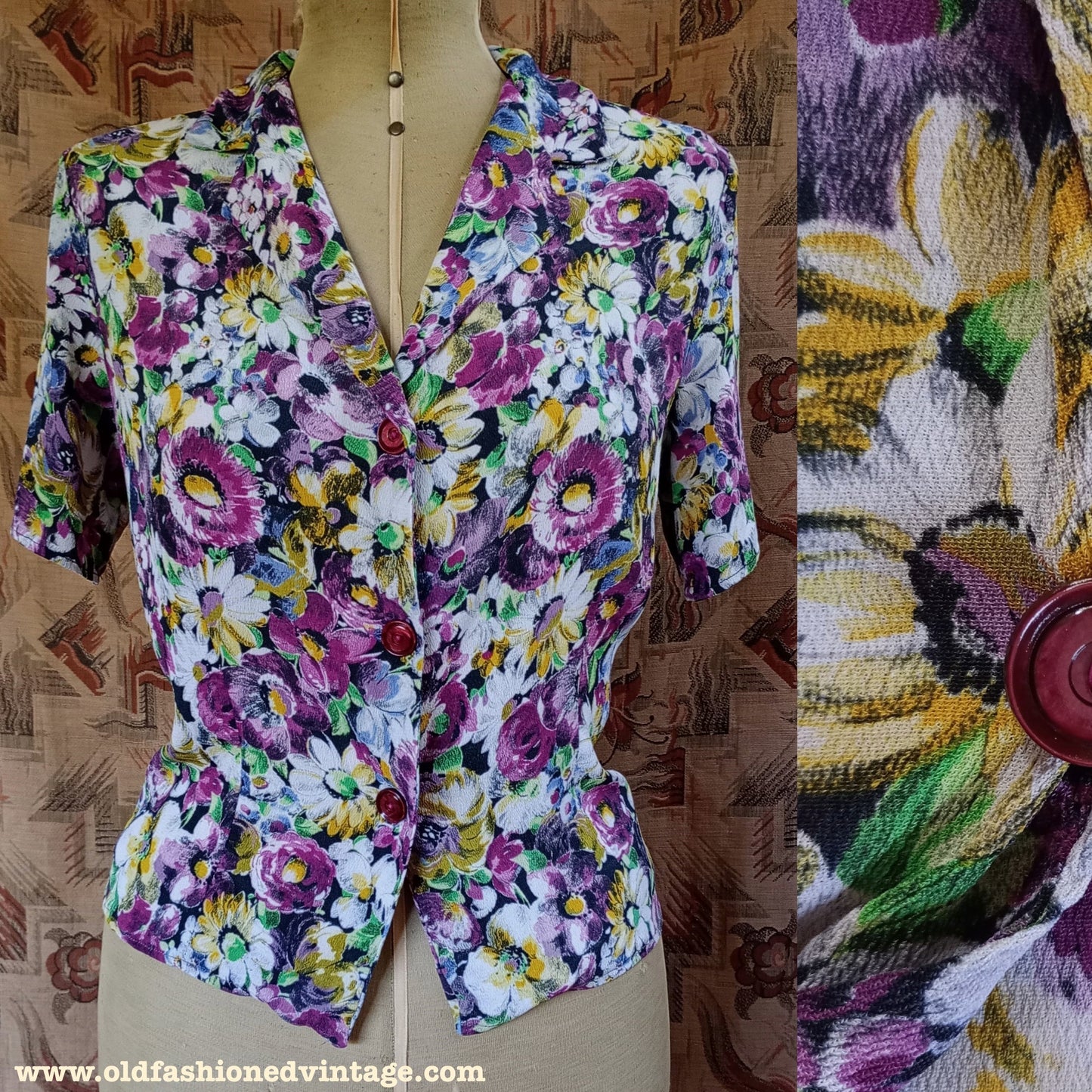 Vintage 1940s Blouse Floral Crepe Print Handmade UK S/M