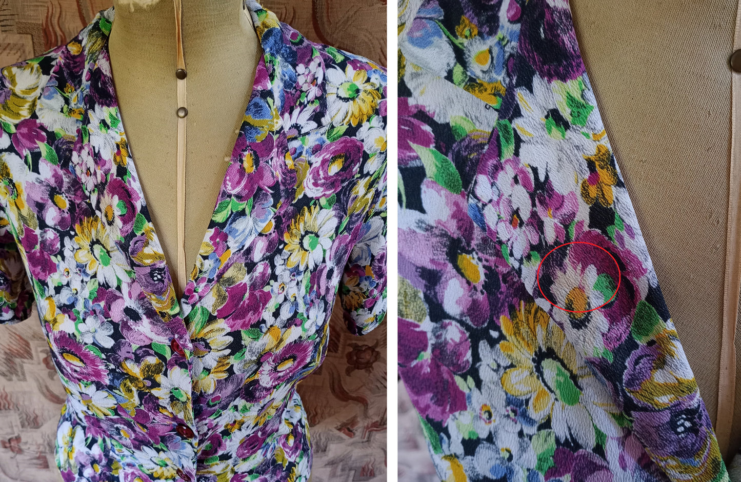 Vintage 1940s Blouse Floral Crepe Print Handmade UK S/M