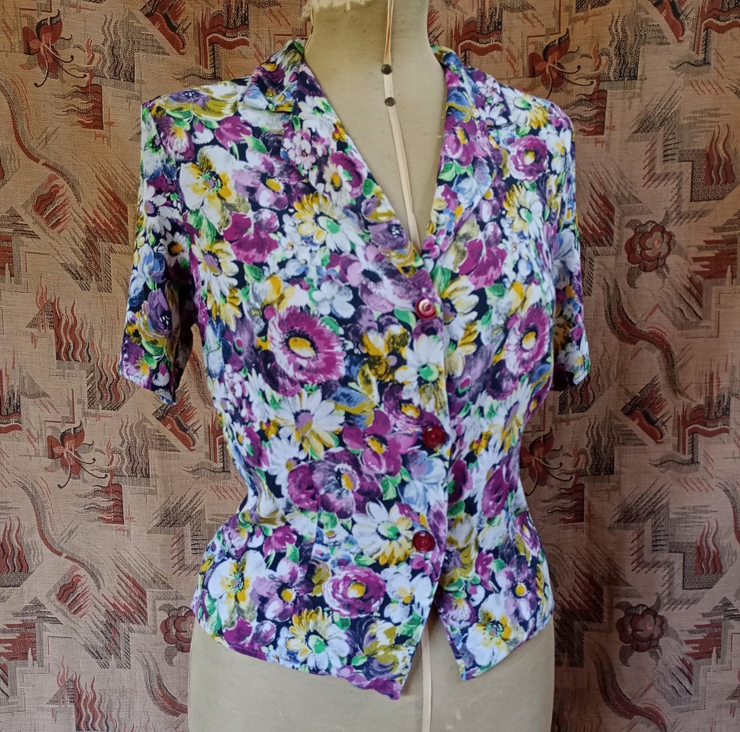 Vintage 1940s Blouse Floral Crepe Print Handmade UK S/M