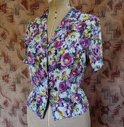 Vintage 1940s Blouse Floral Crepe Print Handmade UK S/M