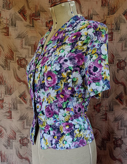 Vintage 1940s Blouse Floral Crepe Print Handmade UK S/M