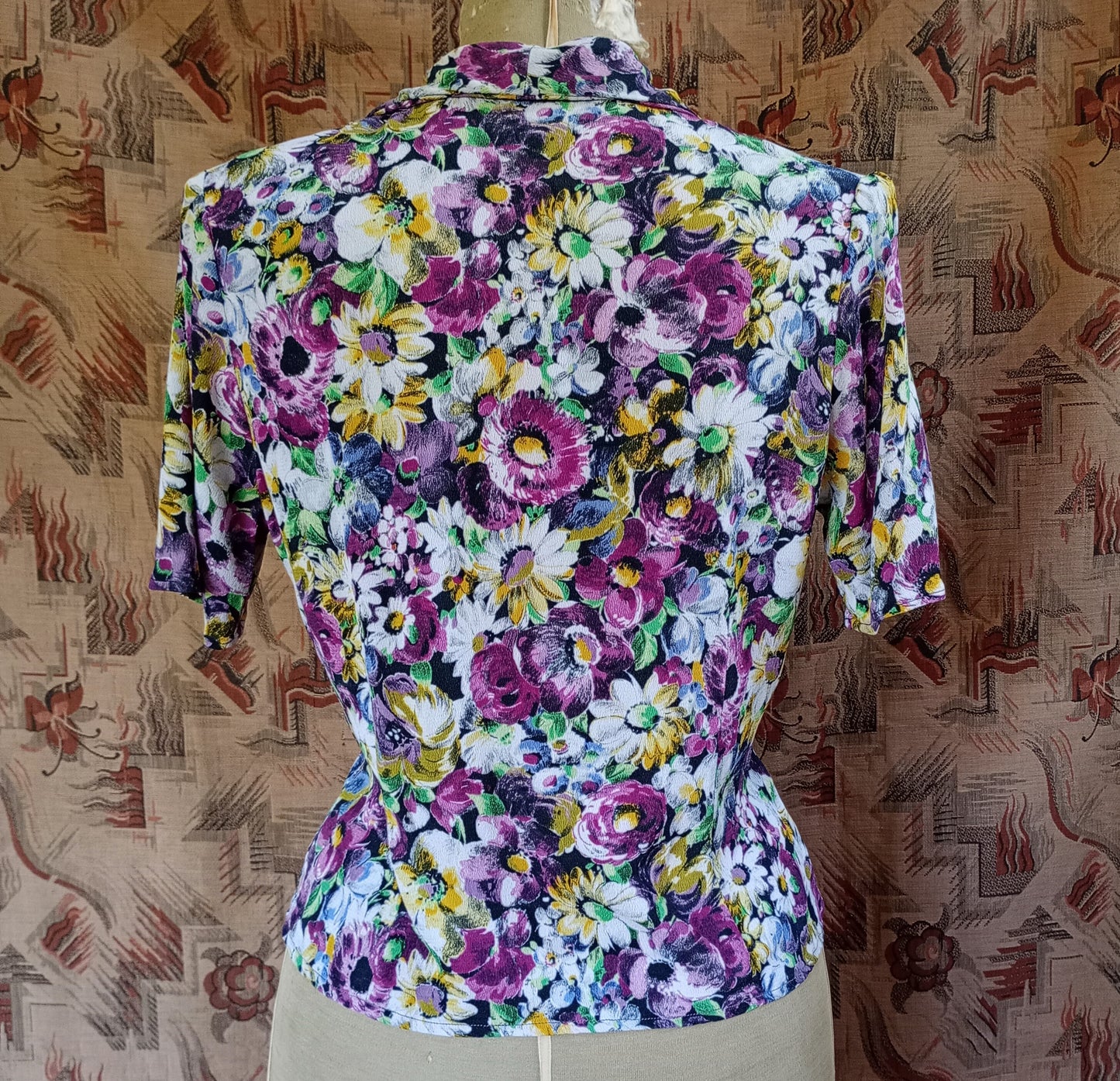 Vintage 1940s Blouse Floral Crepe Print Handmade UK S/M