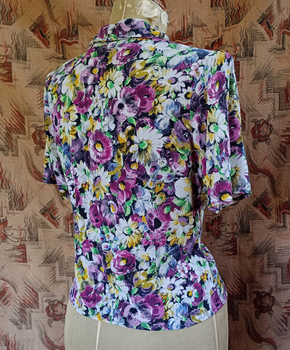 Vintage 1940s Blouse Floral Crepe Print Handmade UK S/M