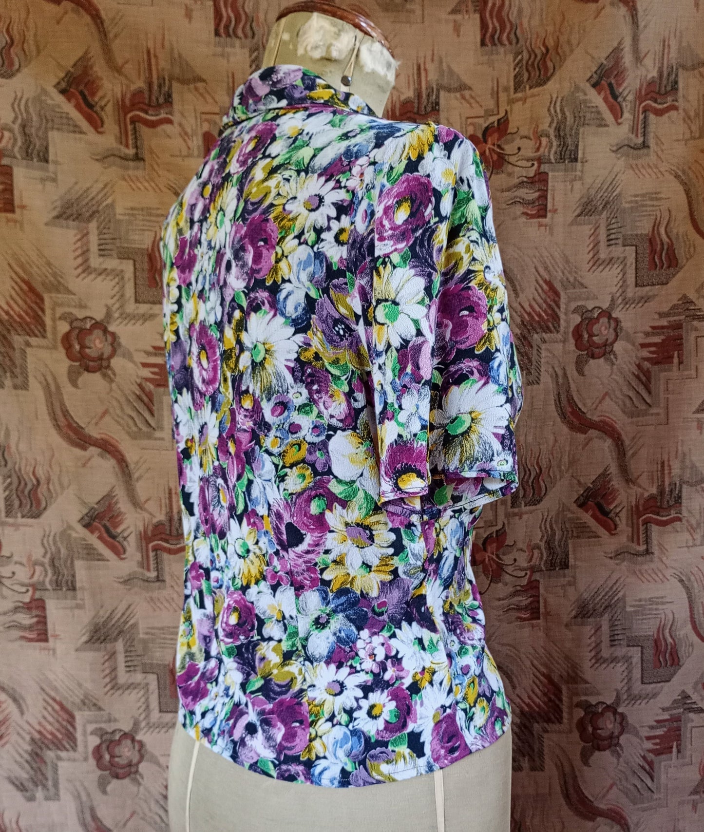 Vintage 1940s Blouse Floral Crepe Print Handmade UK S/M