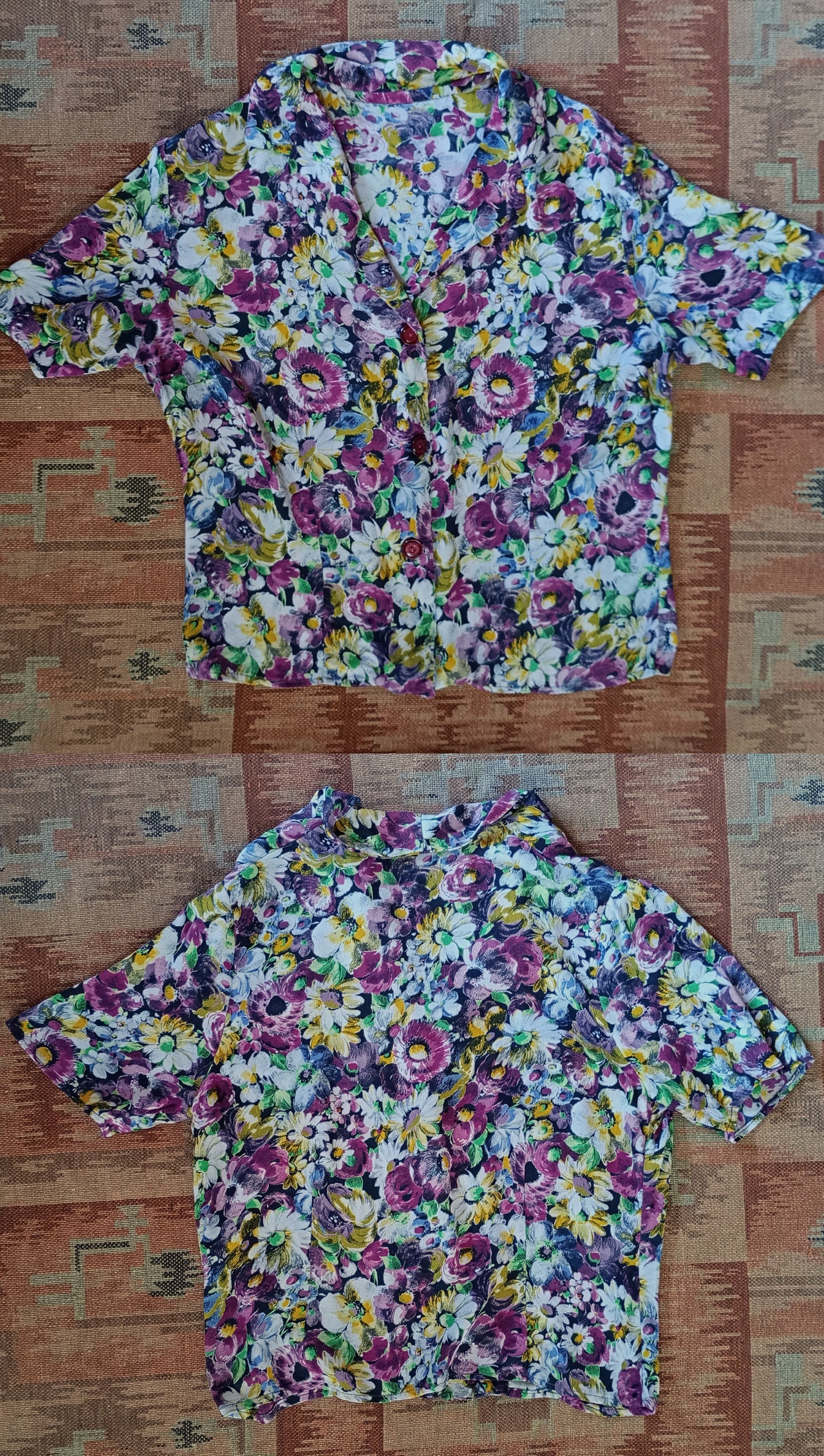 Vintage 1940s Blouse Floral Crepe Print Handmade UK S/M