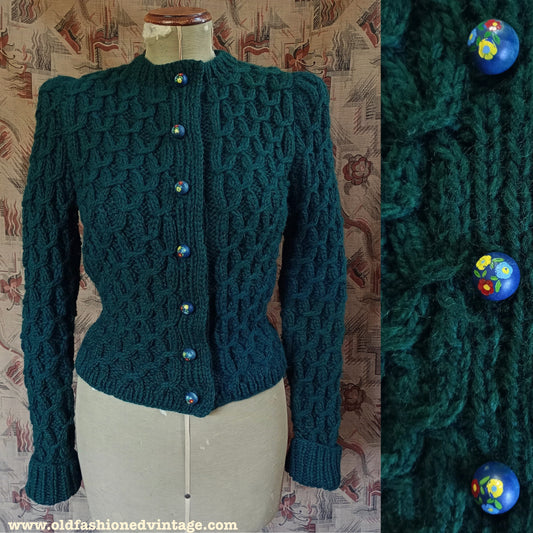 Reproduction 1940s Cardigan Hand Made Knitted Chunky Dark Green Wool UK S