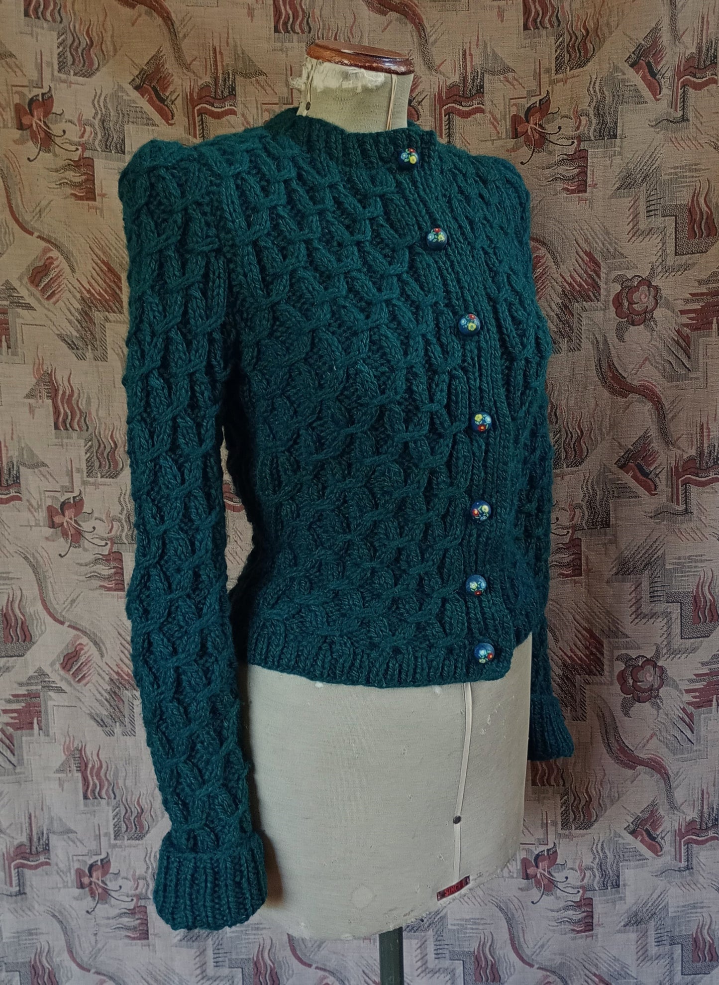 Reproduction 1940s Cardigan Hand Made Knitted Chunky Dark Green Wool UK S