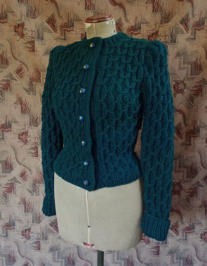 Reproduction 1940s Cardigan Hand Made Knitted Chunky Dark Green Wool UK S