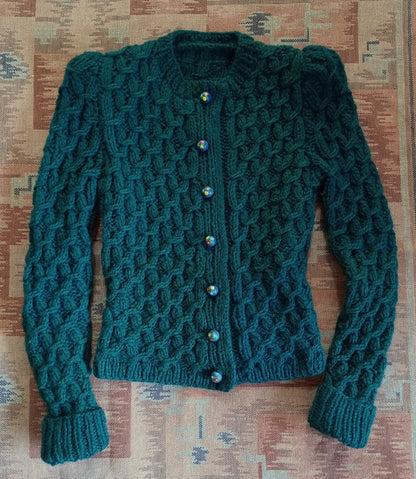 Reproduction 1940s Cardigan Hand Made Knitted Chunky Dark Green Wool UK S